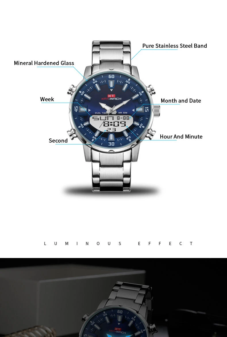 KAT-WACH Top Brand Men Watch Waterproof Sports Digital Watches Men LED Steel Military Quartz Watch For Men Wristwatch Relogio