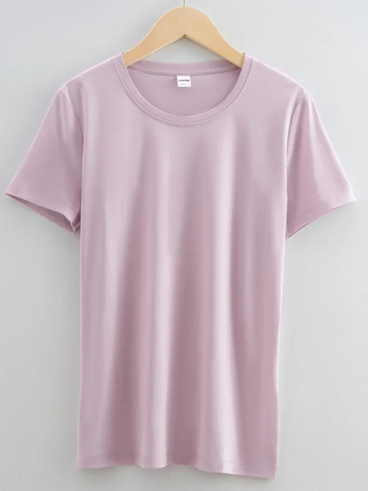 

New In 80 Double-sided Mercerized Cotton T-shirt Women Clothing Summer Loose O-neck V-neck Pure Cotton Solid Short Sleeve Tops