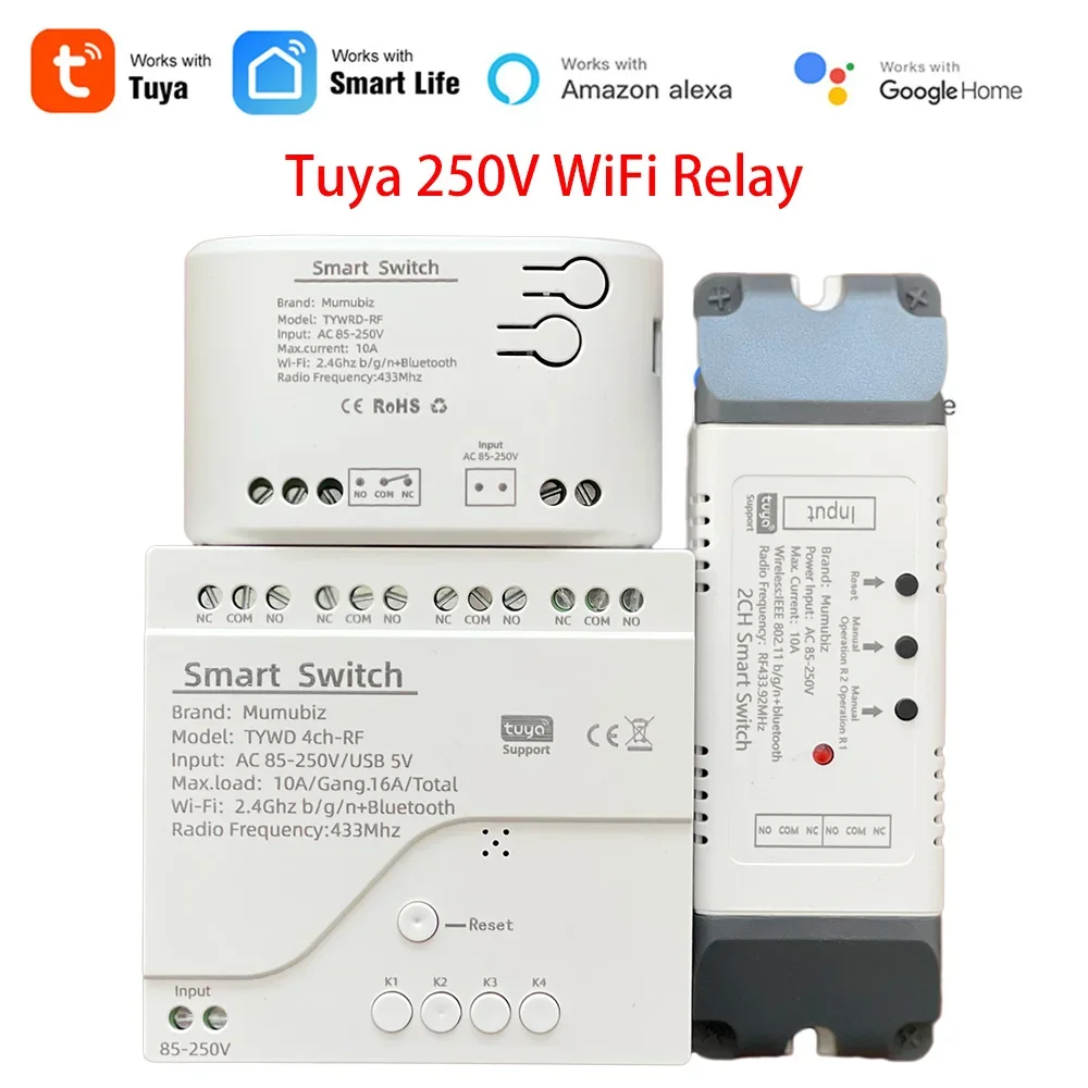 Wi-Fi Smart Switch 250V 1/2/4 Channel Tuya Smart Life APP ,Home Circuit Automation DIY, Light,Curtain,Garage Switch Module Alexa