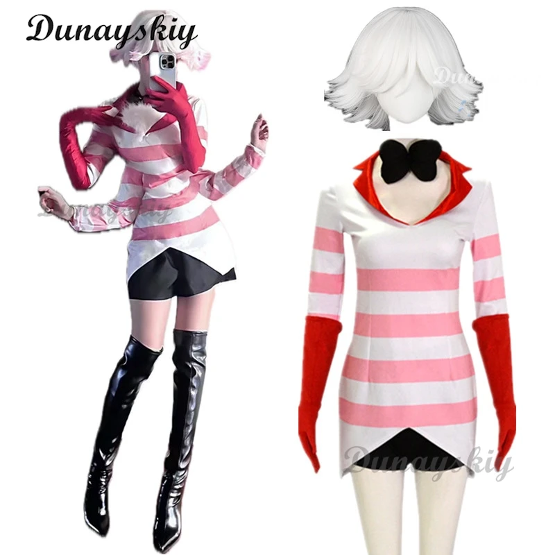 Anime Hazbin Cosplay Hotel Costume Angel Dust Cosplay Dust Angel Sexy Dress Red White Stripe Clothes Socks Halloween Party Woman
