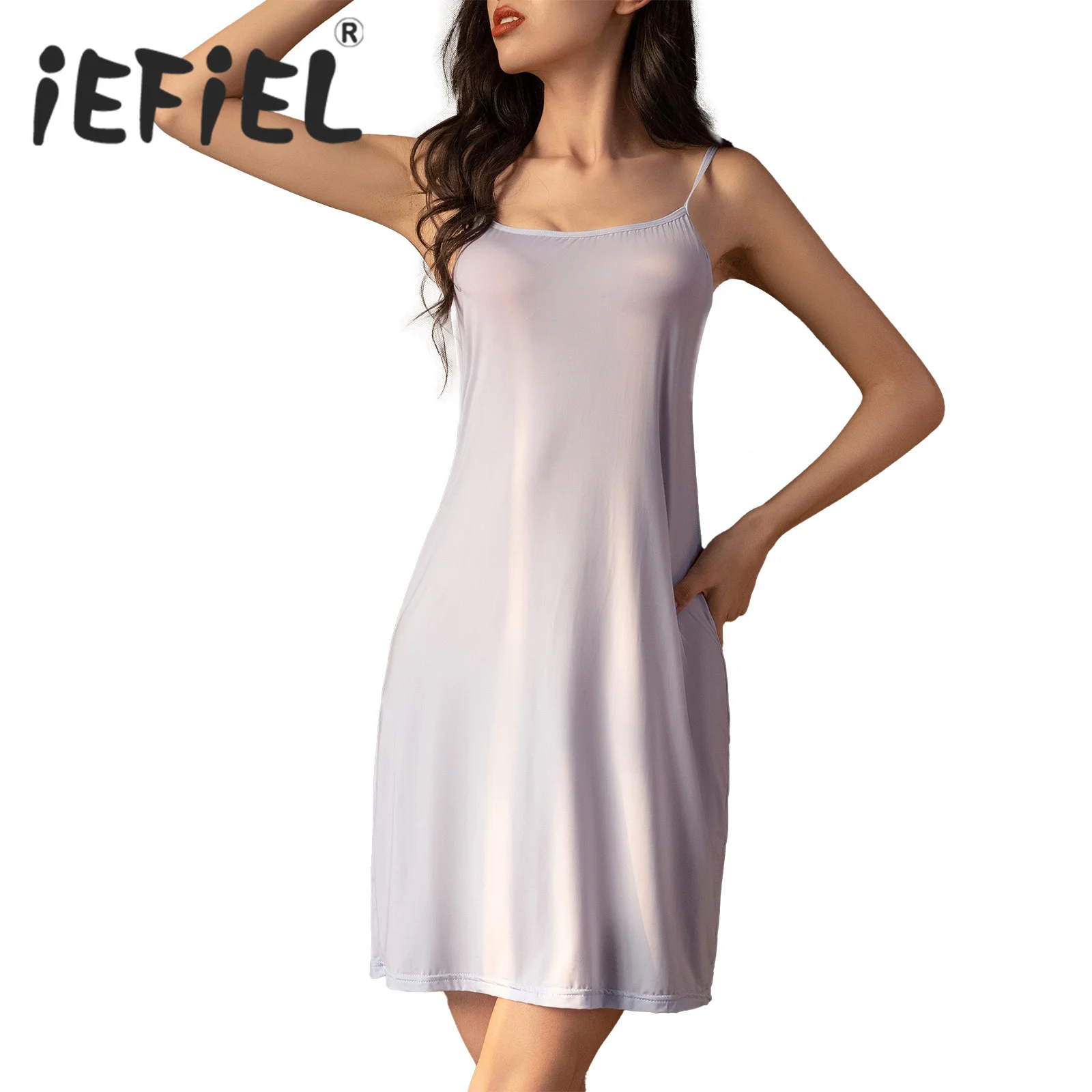 

Womens Ice Silk Strappy Night Dress Sleepwear Homewear Loungewear Solid Color Sleeveless Slippery Nightdress Nightgown Nightwear