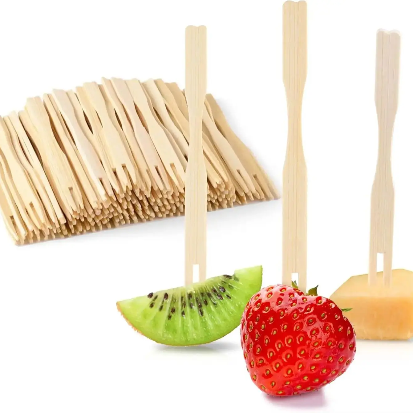 Description Picture 2 of item100 disposable bamboo wooden forks for cooked food, mini appetizer forks, wedding cocktail forks, and small appetizers