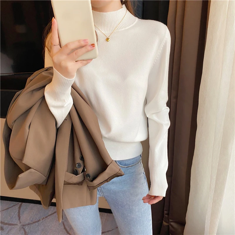 New Semi-turtleneck Women's Sweater Fashion Autumn and Winter Women's Clothing Long-sleeved Casual Knitwear Solid Color Jumper