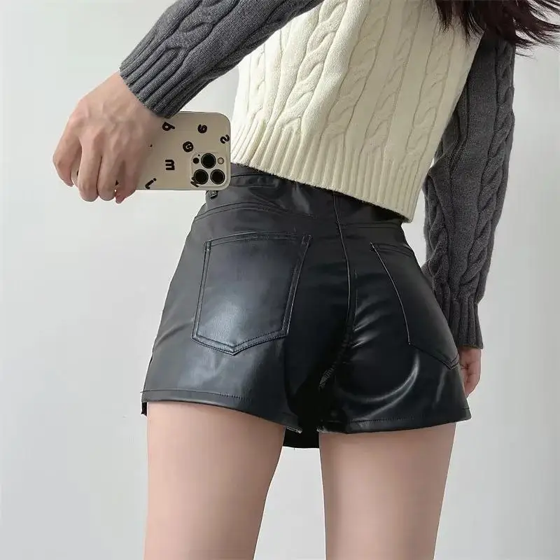 HI-FASHION PU Leather Short Skirt Women Vintage Harajuku Streetwear Female Black Sexy Split Slim High Waisted A-line Mini Skirts