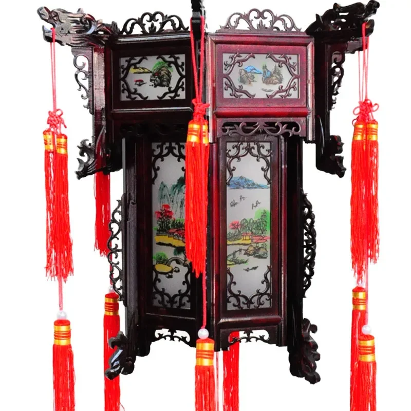 

Palace lantern carved wooden lantern Chinese balcony hexagonal red sheepskin housewarming outdoor antique lantern