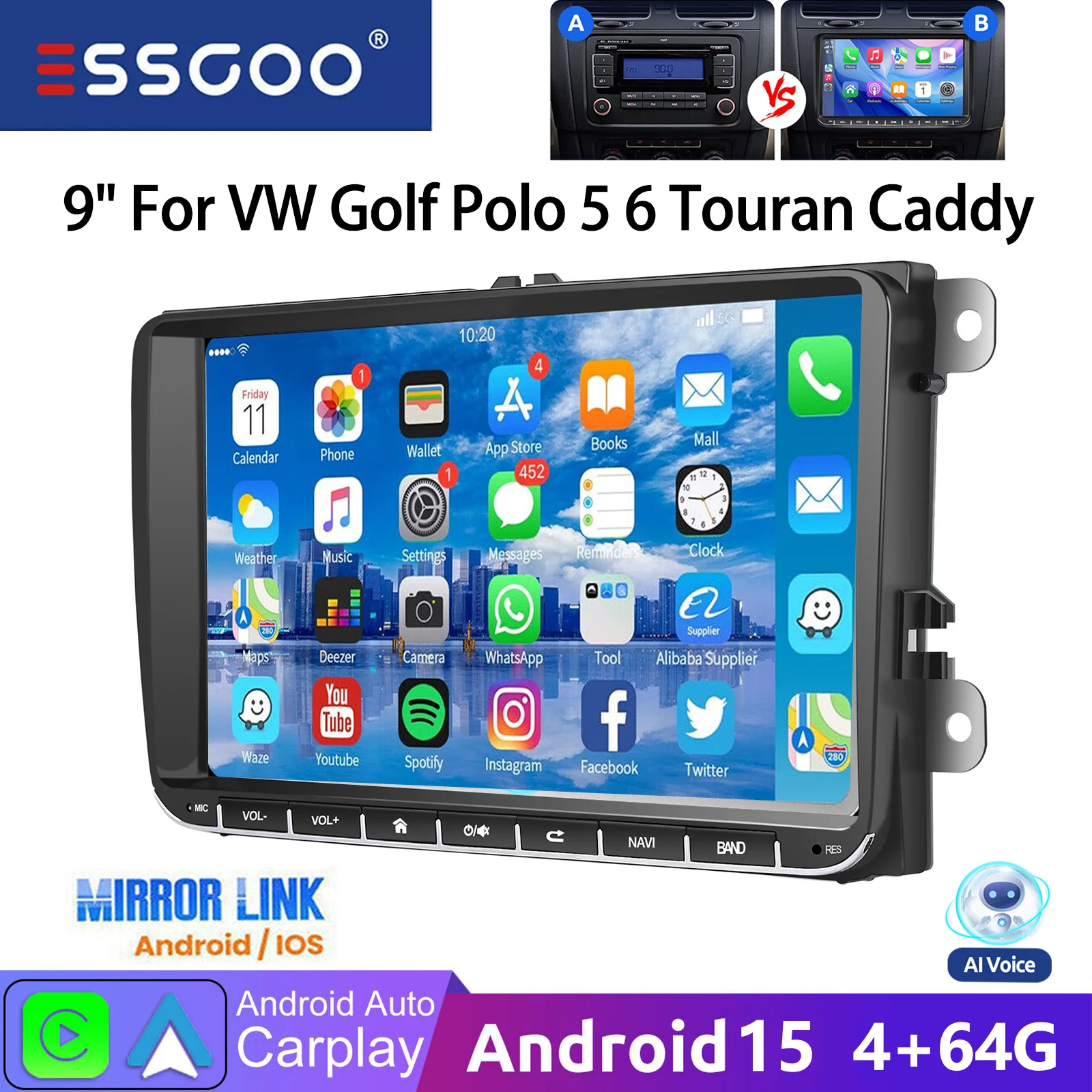 Essgoo 9" Android 15 4+64g for Vw Golf Mk5 6 Passat Polo Touran Tiguan Caddy Eos Jetta T5 Seat Car Radio Carplay Gps Navi Bt Rds