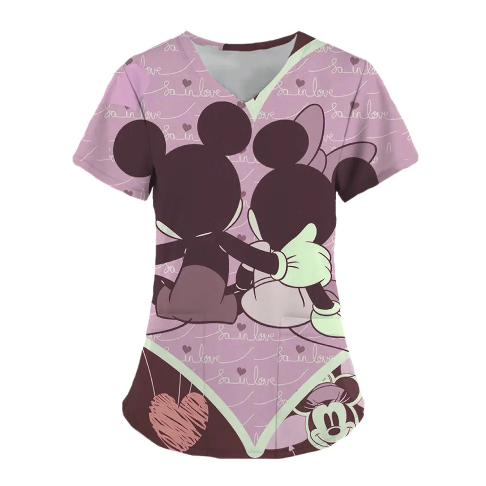 thumbnail image 1 of Uniforme de enfermera para mujer, camiseta de manga corta con cuello en V y estampado de Mickey Mouse de Disney, uniforme de enfermera de trabajo con bolsillos, 1 of 5