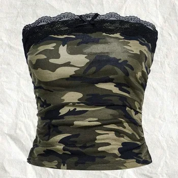Top Corto da Donna Punk Sexy Camo Casual Gotico Slim Hip Hop Streetwear Rock Carino con Fiocco Estetico in Pizzo Emo Girl Y2K Vintage Tube