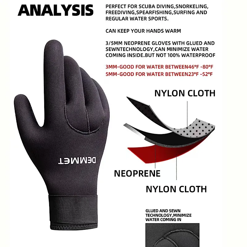DEMMET Dive Gloves 3/5MM Neoprene Five Finger Warm Wetsuit Winter Gloves for Scuba Diving Snorkeling Surfing 3