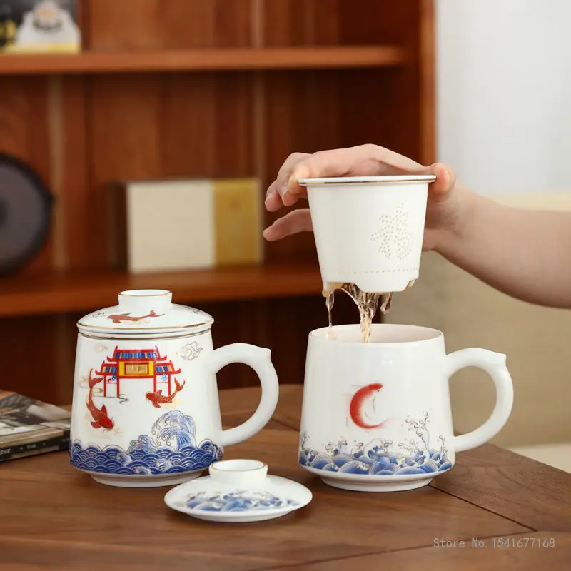 Ceramic Chinese Style Teacups, Drinkware Mugs, Belt Cover Filter Mug Tea Water Separation Cup , Coffee Cups, 500ml, 1Pc