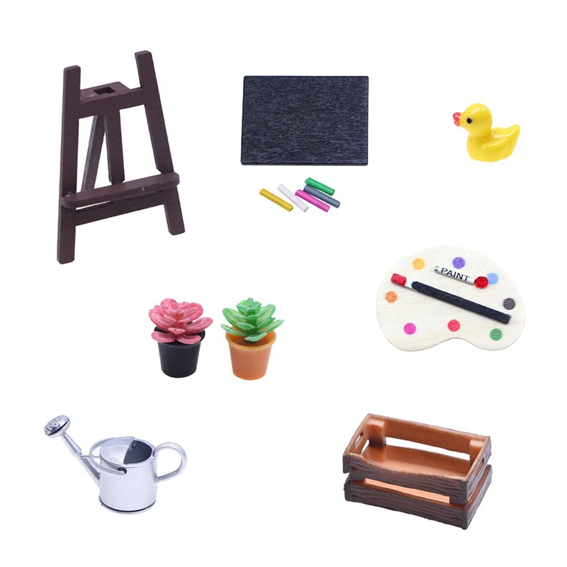 1Set 1:12 Dollhouse Miniature Painting Easel Palette Storage Box Potted Plant Kettle Outdoor Drawing Scene Decor Toy