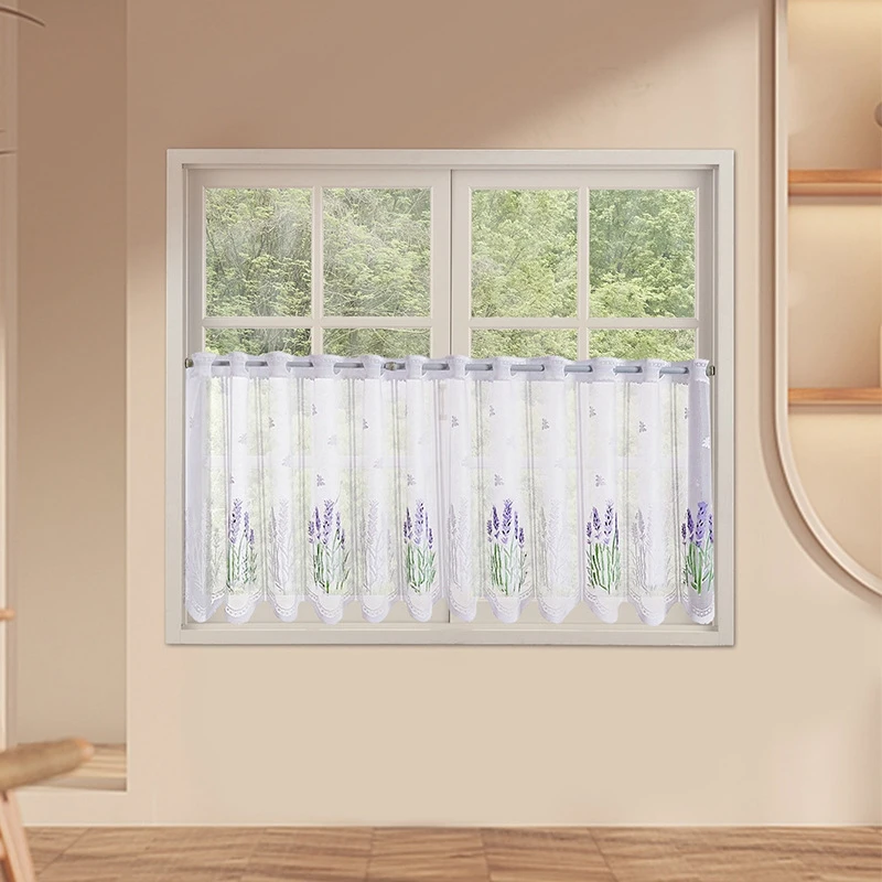 White Lavender Spray Flower Short Curtains, Living Room Bedroom Window Decorative Curtains, Kitchen Cabinet Blocking 3