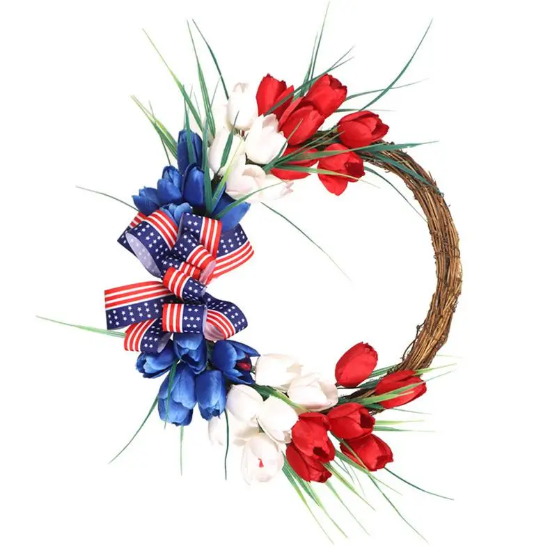 

4th Of July Wreath Independence Day Front Door Wreath Red White And Blue America Flag Patriotic Floral Garland For Memorial Day