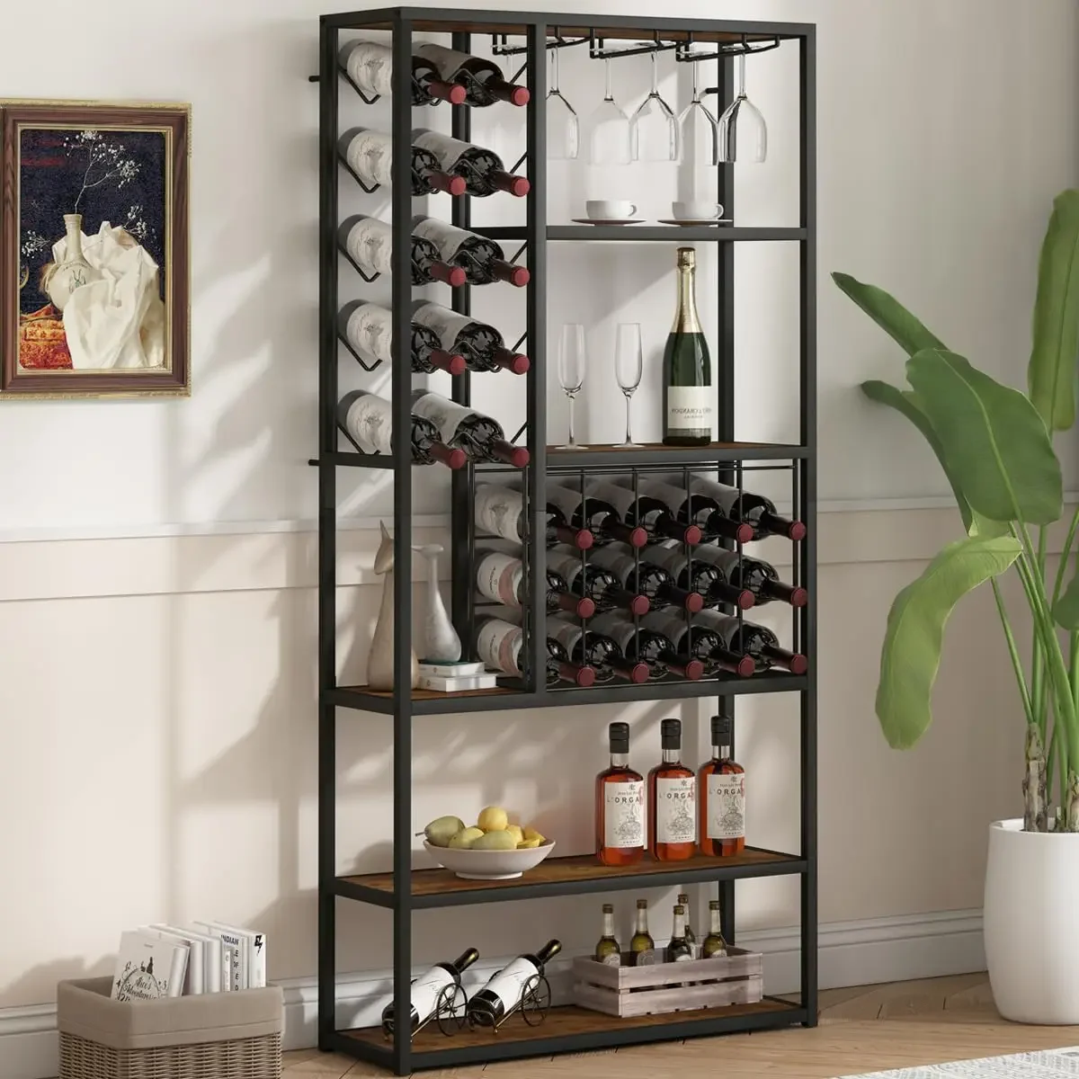Home Kitchen Dining Room 5 Tier Industrial Liquor Cabinet Farmhouse Metal Coffee Bar Cabinet Tall Wine Bar