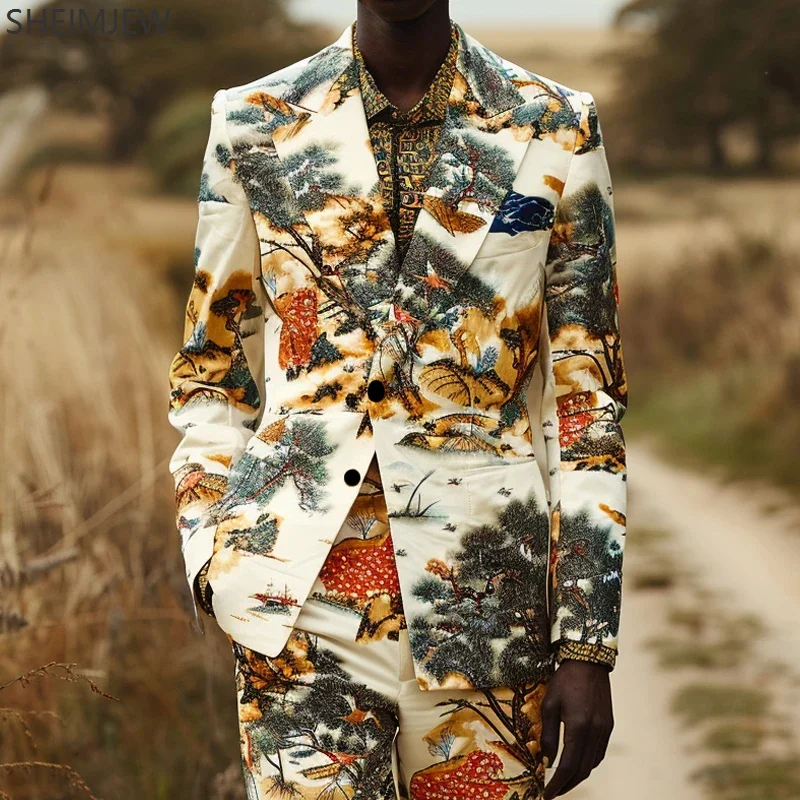 Men Colorful Landscape Print Suit Jacket & Pant Men Luxury Wedding Prom Party Dress Festival Sets Business Casual Banquet Suits