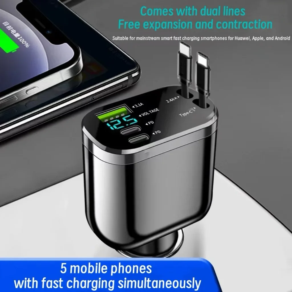 Black Aluminum Fast Car Charger with Dual Type C and 5 USB Ports