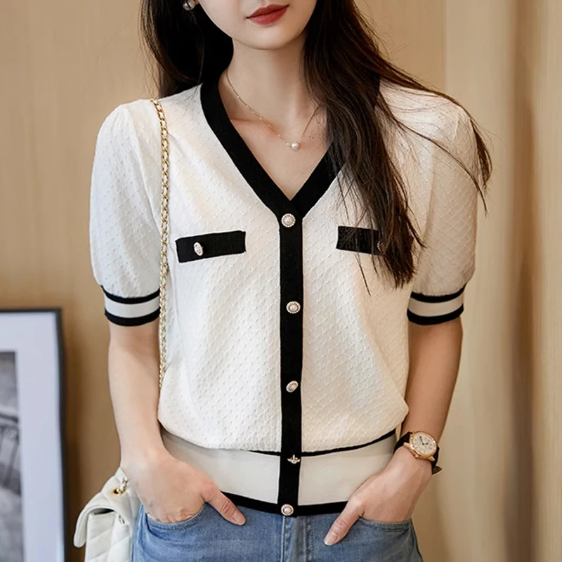 

V-Neck Knitted T Shirt For Women Black Button Top Ladies Fashion Summer Woman Clothing Tshirt Short Sleeve Tees Casual Camisetas