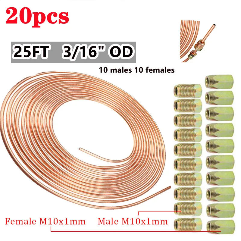 Brake Pipe Hose 16PCS Tube Nuts Car Roll Tube Coil of 3/16" OD 25FT 7.62m Copper Nickel Brake Pipe Hose Line Piping Tubing Anti-rust