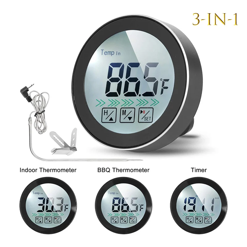 

3 in 1 Digital BBQ Meat Cooking Thermometer Touch Screen Indoor Outdoor Timer Food Thermometer with Probe for Home Barbecue Oven