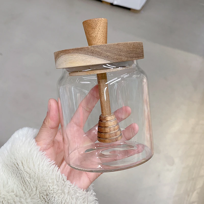 Honey Jar Advanced High Borosilicate Glass Sealed Tank Mixing Rod With Wooden Cover Transparent Honey Bottle honey jar