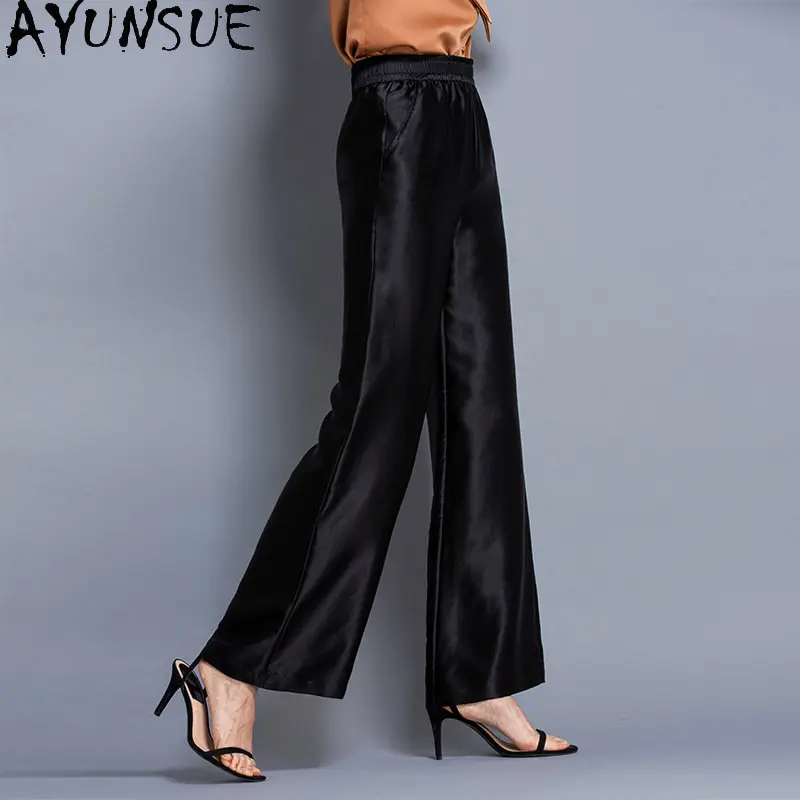 

Женские брюки 2023 года, длинные брюки с высокой талией, элегантные широкие брюки из 95% шелка тутового шелкопряда, женская одежда, повседневные брюки с эластичной талией, штаны