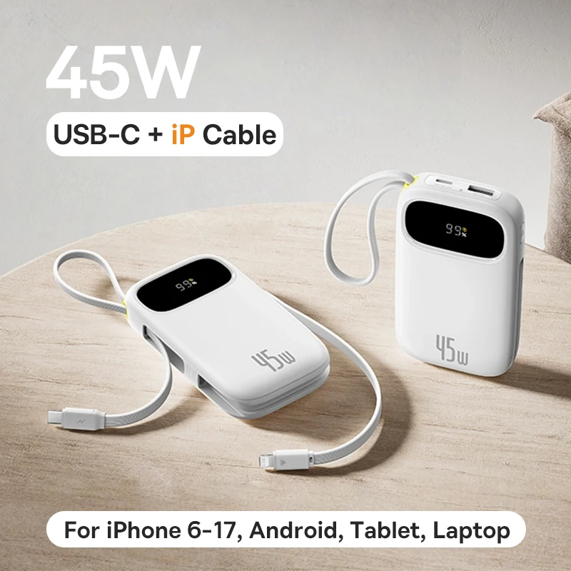 Baseus 45W 20000mAh Power Bank 10000mAh Built-In Retractable USB-C & Lightning Cable for iPhone 17 16 15 Samsung S25 Xiaomi Poco