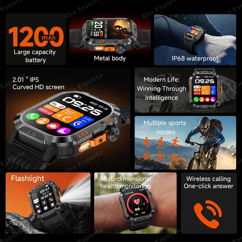 2026 New Smart Watch Men's Outdoor Watch 2.01Inch Voice Assistant Bluetooth Call with LED Flashlight IP68 Waterproof Smart Watch 2