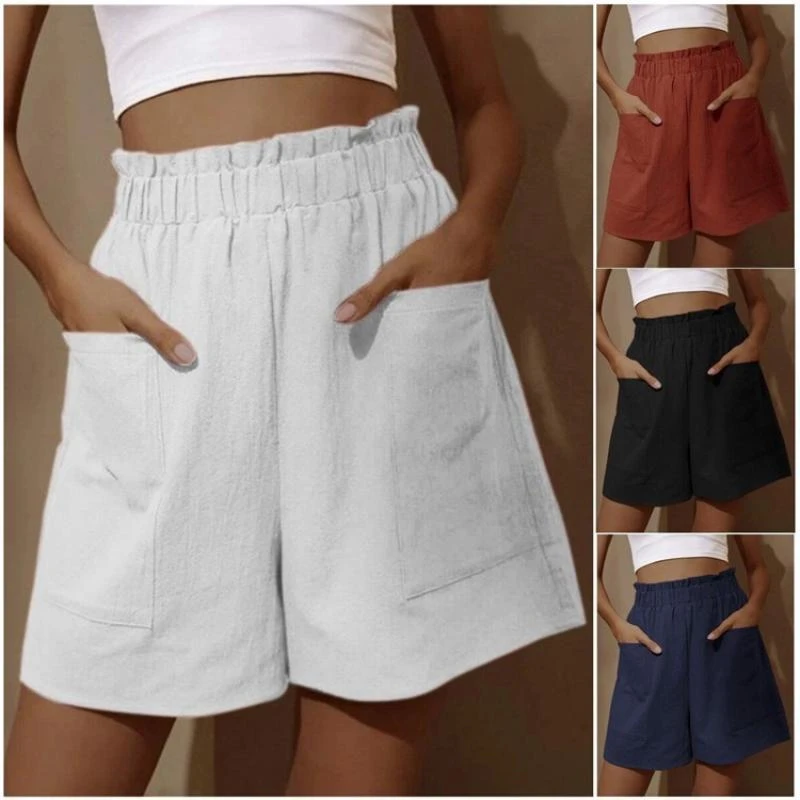 Solid Fold Short Women Casual Loose High Waist Slim Pocket Cotton Linen Shorts Summer Fashion Plus Size Wide Leg Leisure Short winter dresses for women