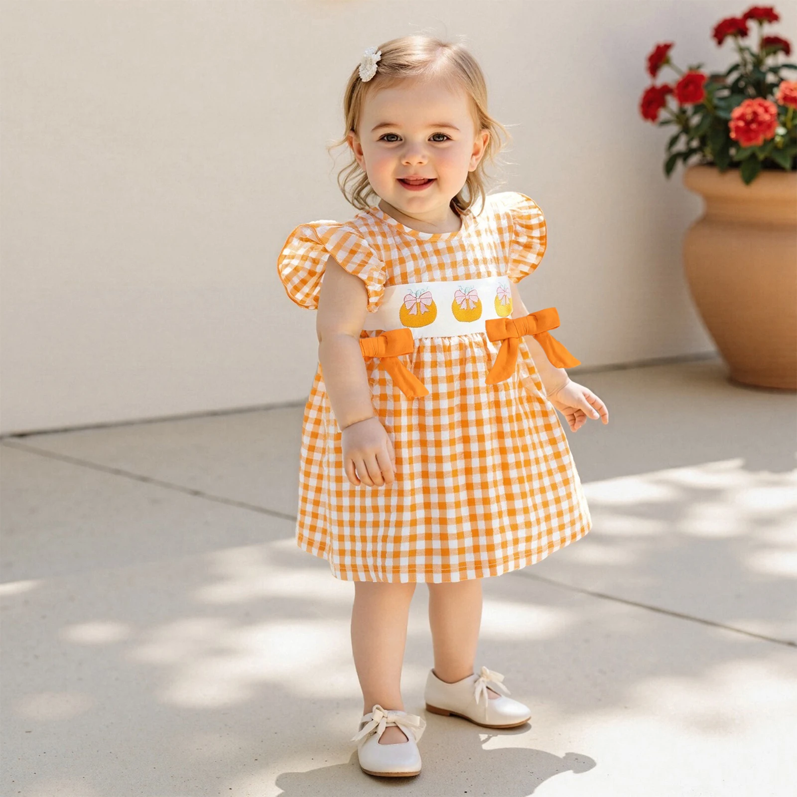 July 4 Dresses For Girls Kids Girls A-line Dress, Sleeveless Pumpkin Print Tulle Patchwork Bow Summer Dress Cosplay Outfits July 4th Dress Toddler