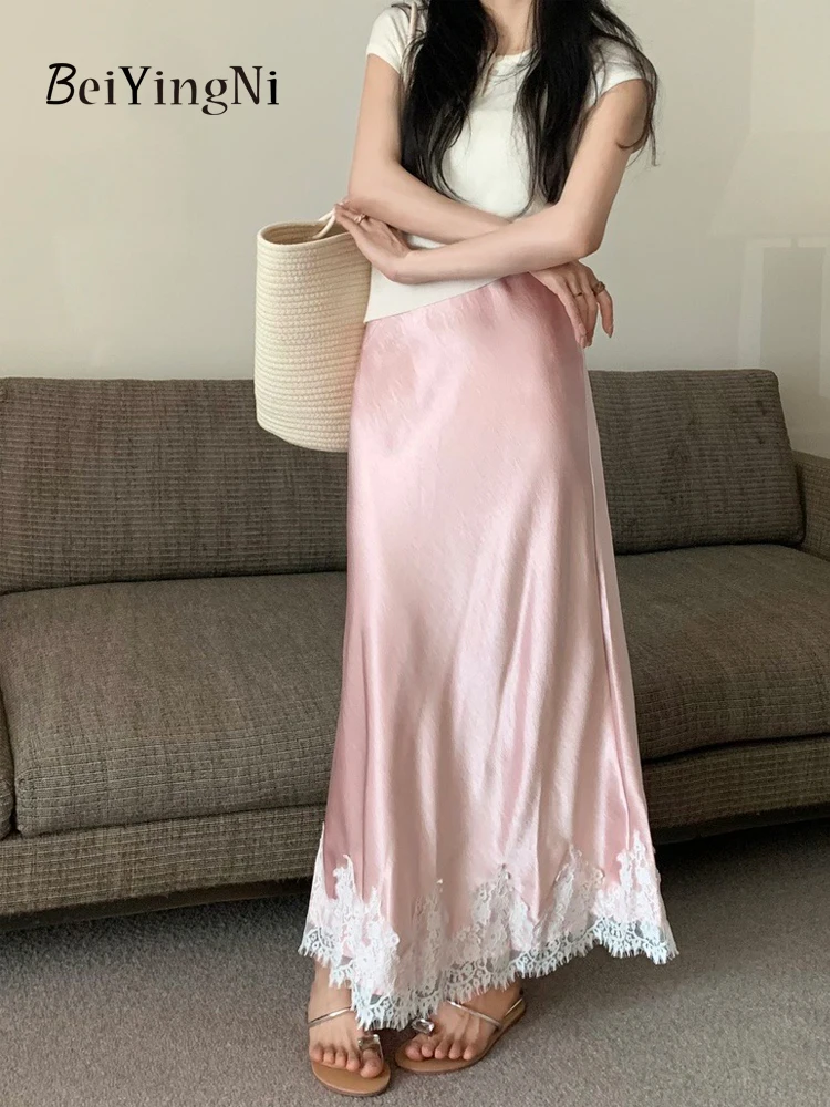Beiyingni Elegant Long Skirts for Women 2025 Summer High Waist Lace Satin Trumpet Skirt Woman Luxury Slim Korean Fashion Skirts 4
