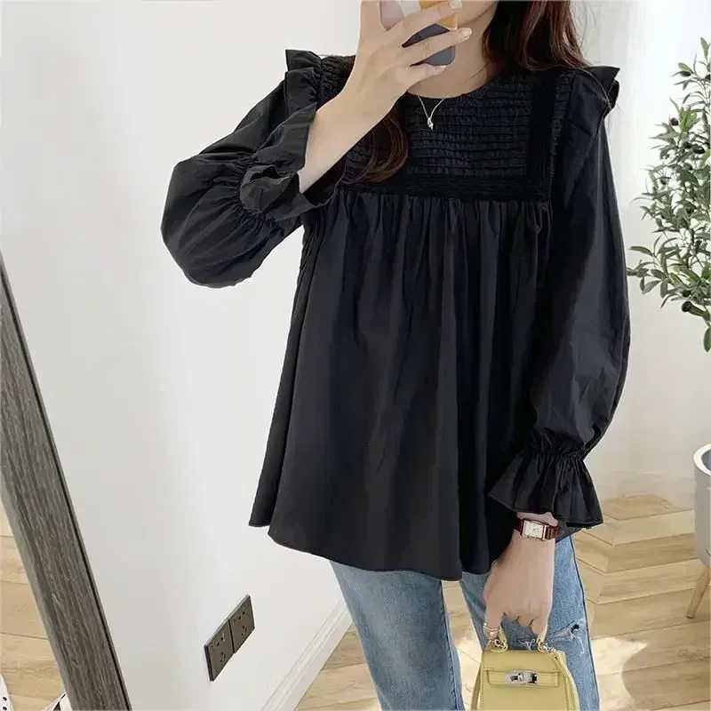 

Fashion Solid Color Loose Pleated Blouse Women New Classic Long Sleeve Korean Literature and Art Lady Pullover Shirt 2023 E06