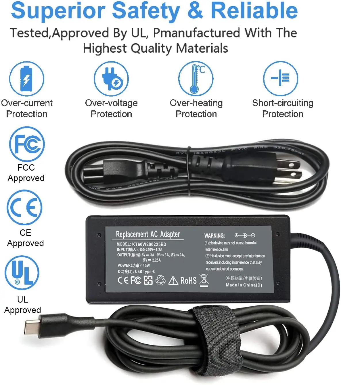 Caricabatterie USB-C Da 45W Per Laptop HP Chromebook, Spectre, EliteBook - Alimentatore Con Cavo, Sostituzione 918337-001