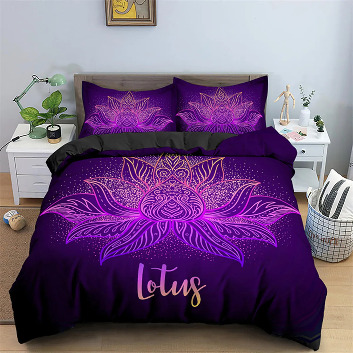 

Psychedelic Purple Floral Duvet Cover Exotic Lotus Feather Bohemian Mandala for Children Women Gift Bedroom Decorations Queen