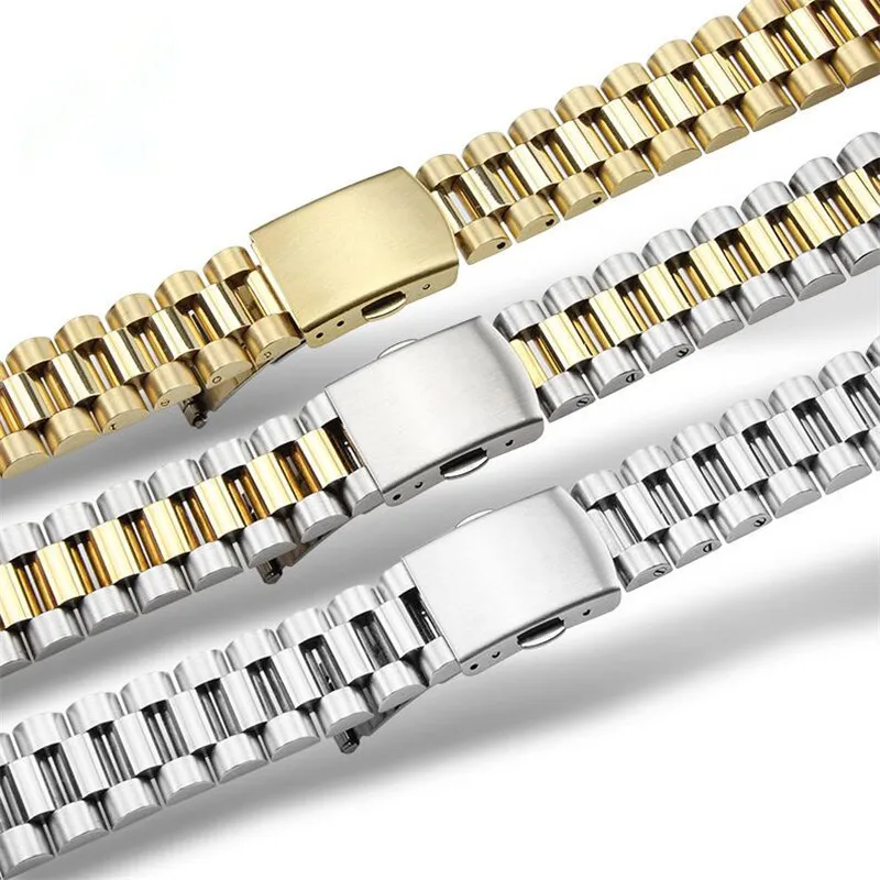 Elegant Silver & Gold Two-Tone Curved End Stainless Steel Watchband with Solid Links