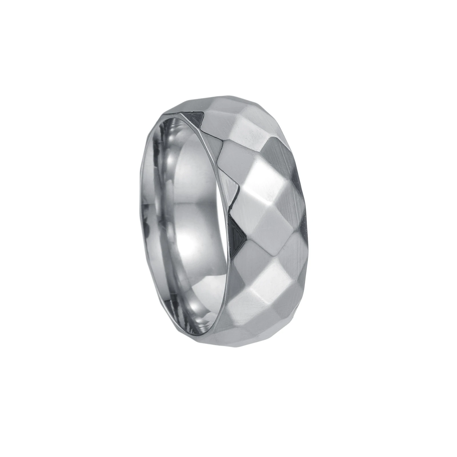 Polished Faceted Silvery Men's Stainless Steel Ring, 8mm Width, Size 6-13