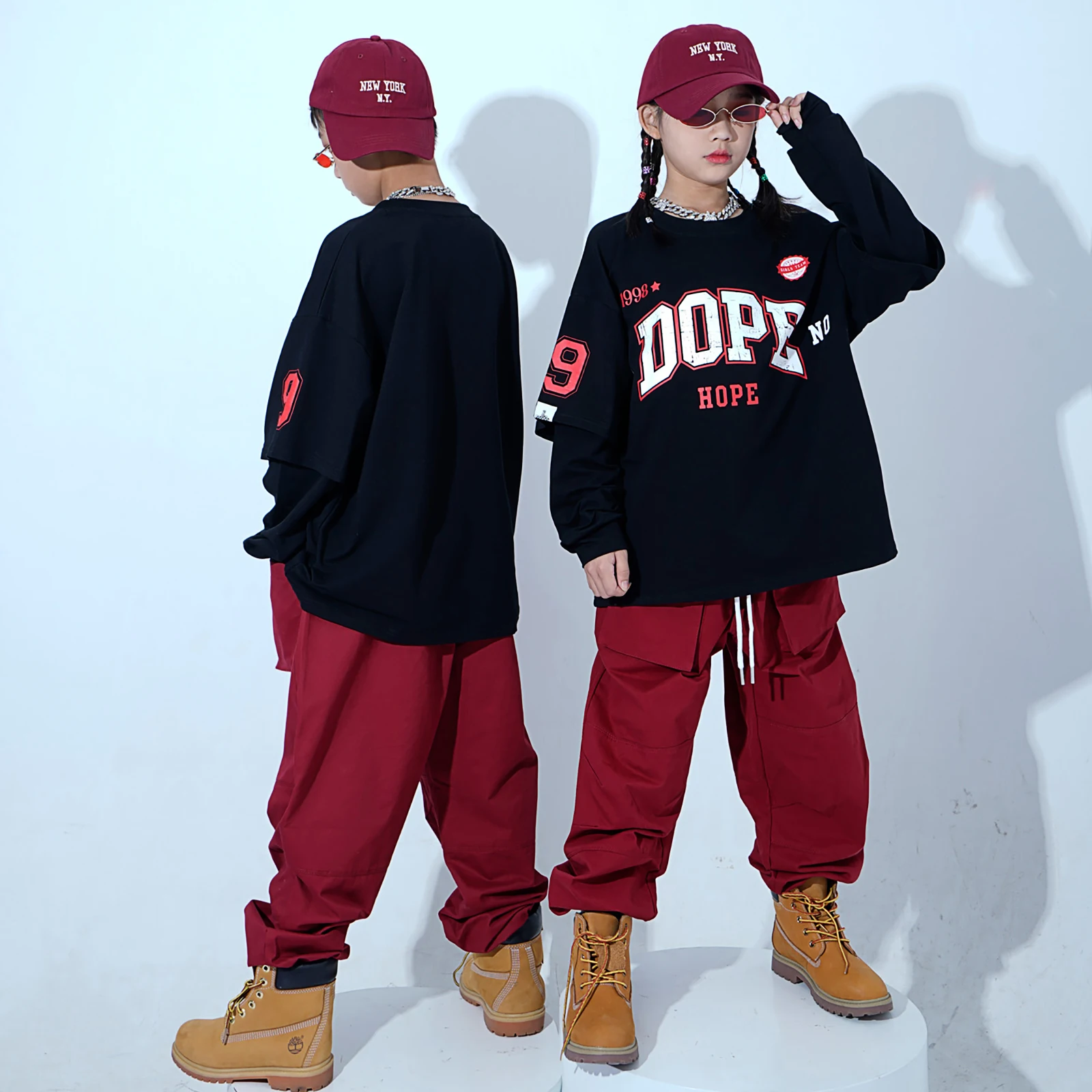 Jazz Dance Rave Clothes Boys Black Fake Two Piece Sweater Loose Pants Streetwear Girls Hip Hop Dance Streetwear DQS11031