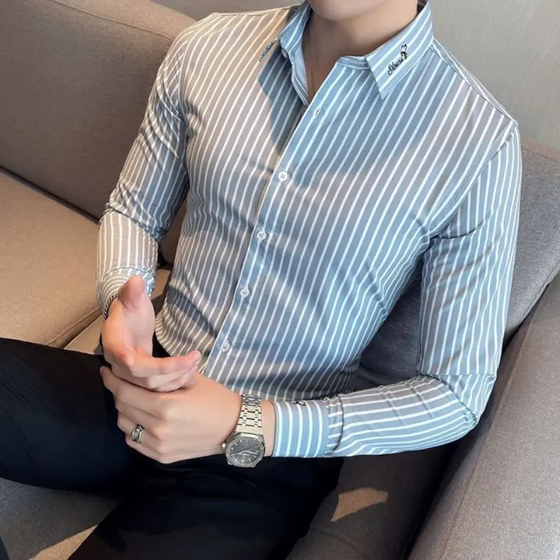 

Men shirt Long sleeve Spring and Autumn Striped Wrinkle Embroidered Shirts Business Casual Korean Slim-fit Handsome Top