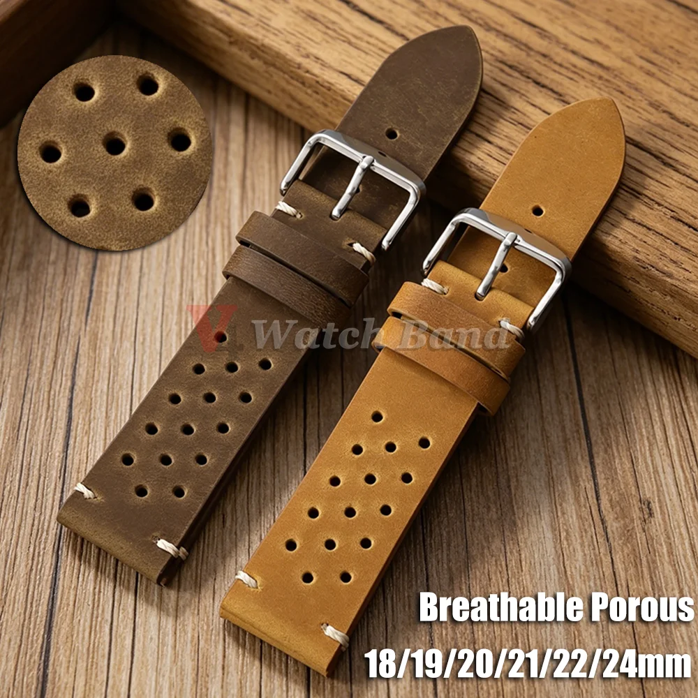 Handmade Dark Brown Vintage Racing Leather Watch Strap - Breathable and Porous Design