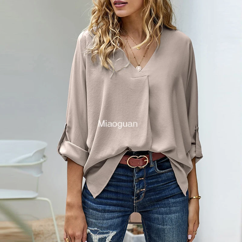 

Oversized Women's Elegant Classic OL Work Blouse Autumn Long Sleeve Shirt 2023 Stylish V Neck Solid Top Casual Loose Comfortable