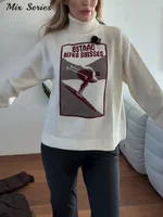 Vintage Ski Pattern Sweater Women's Loose Turtleneck Long Sleeve Knitting Warm Pullover 2026 Spring New Lady Fashion Streetwear