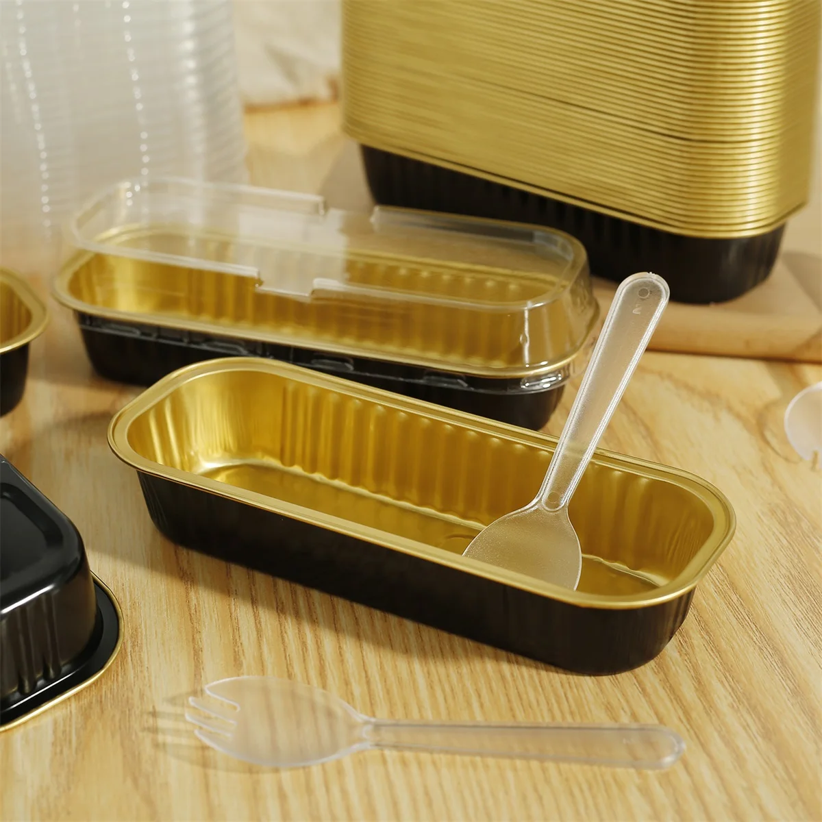 150Pcs/50sets Loaf Pans with Lids and Spoons Rectangle Aluminum Foil Baking Pans With Sticker Mini Bread Containers Muffin Tins