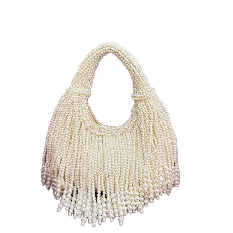 Luxury Pearl Beaded Handbag Fashionable Long Tassel Design Women's Handmade Evening Bag Unique Chain Crossbody Bucket Bag Female