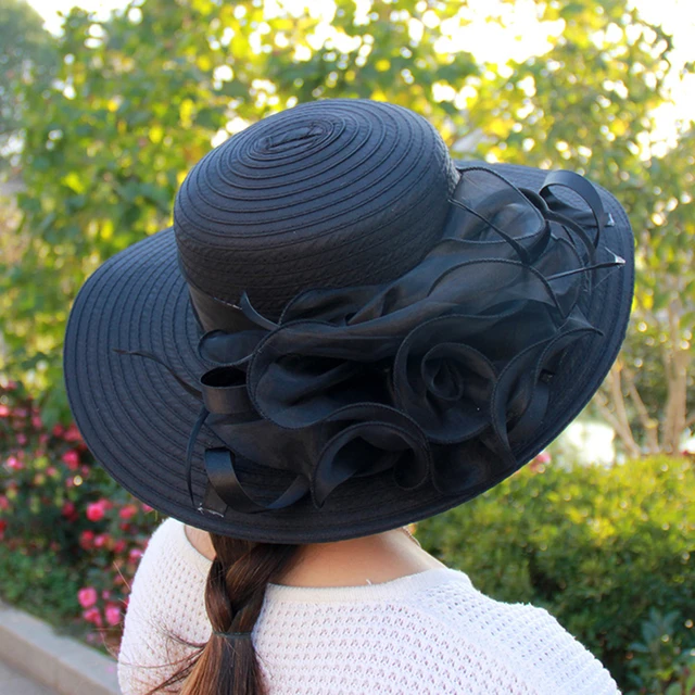 New Elegant Summer Organza Sun Hats for Women Wide Brim with Big Flower  Fedora Hat Fashion Ladies Wedding Church Party Hat - AliExpress