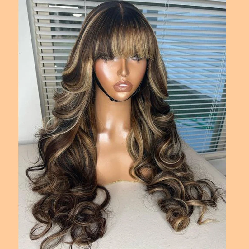 

Natural Remy Glueless Human Hair Women Wigs with Bangs Brown Highlight Fringe Body Wave Machine Made Full Density Wigs