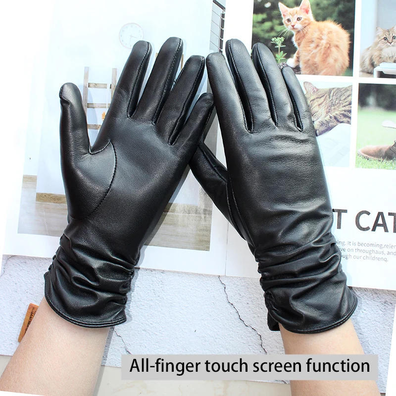 Guanti In Pelle Donna Touch Screen - Morbida Pelle D'agnello Nera - Caldi E Leggeri Con Bottoni Decorativi