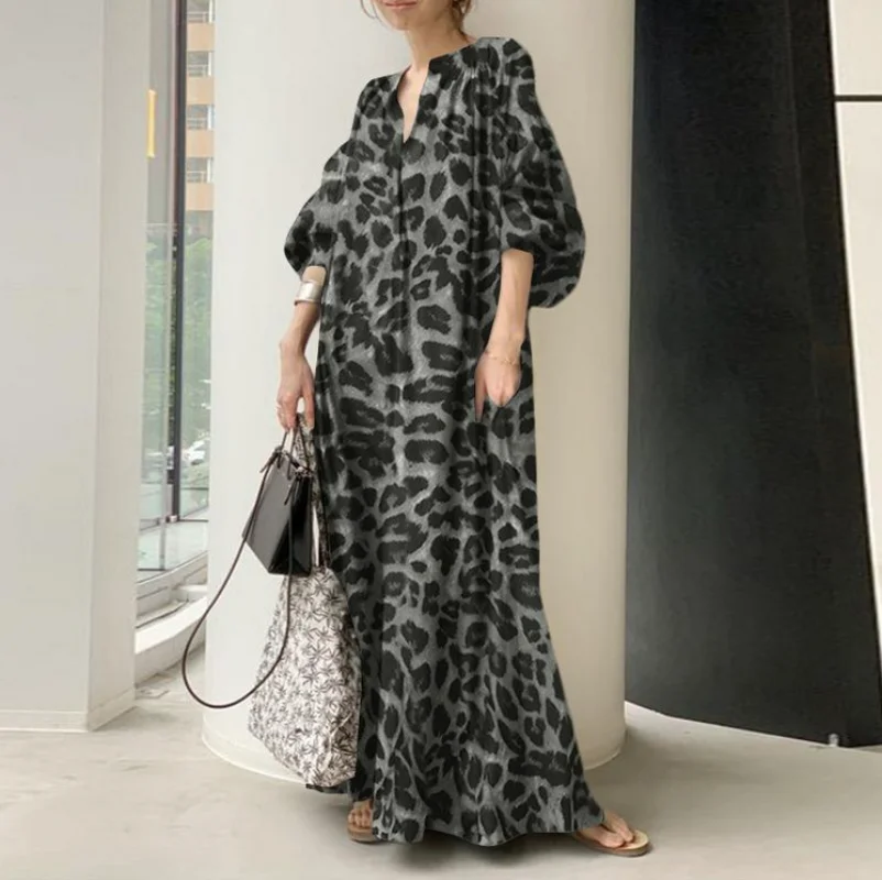 2023 Muslim Abayat Temperament Fashion Leopard Print Bubble Sleeve Abaya Femme Loose Casual Bohemian Shirt Islamic Dress