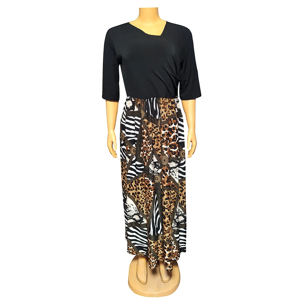

Summer Muslim Fashion African Maxi Dresses Women O--neck Half Sleeve Leopard A-Line Patchwork Vestidos With Sashes Daily Wear