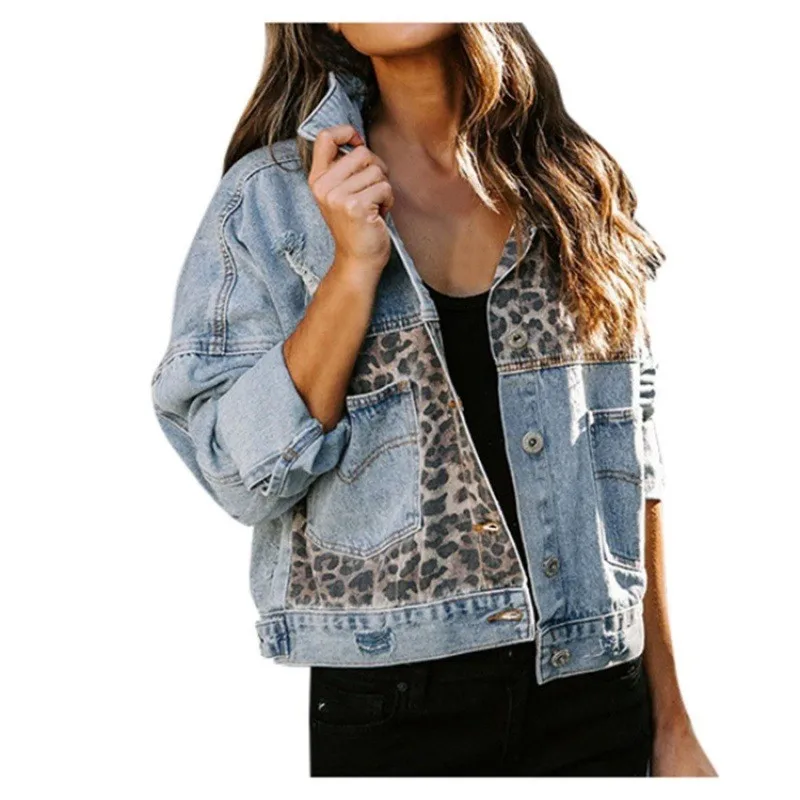 Leopard Stitching Denim Jacket Women Coat Fashion Female Outerwears Long Sleeve Lapel Button Down Chest Pocket Female Tops 4