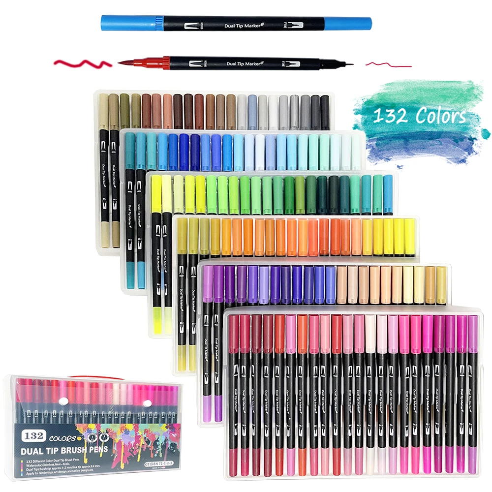 Fineliner Pens Art Marker Pen Art Markers Marker Pens 12-132 Colors/Set Dual Tip Brush Art Marker Pens Fineliner Pen for Kids Adult Artist Calligraphy Hand Lettering Journal Doodling