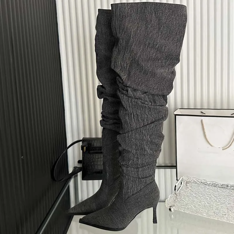 Ladies Over The Knee Modern Long Boots For High Heels Footwear Pointed Toe Denim Women Pumps 2023 Autumn Winter Female Shoes
